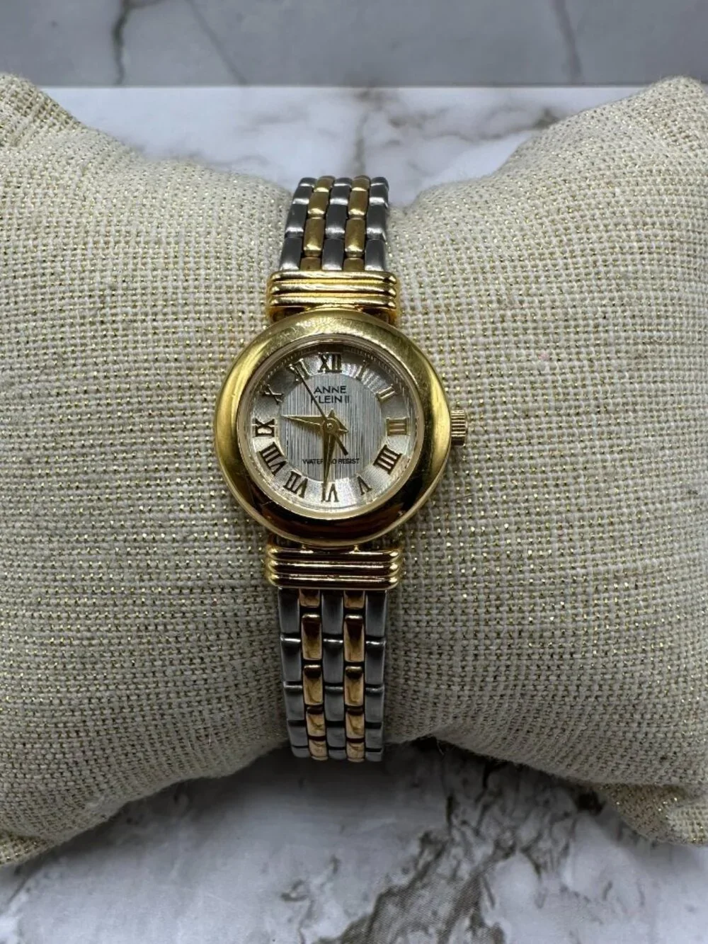3/$30 Anne Klein Watch Women Silver Gold Two Tone Roman Numeral Dial Works 6.75